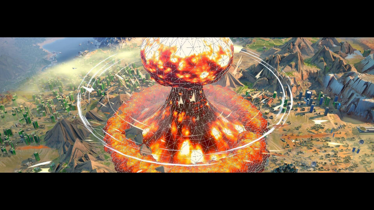 Gameplay screen - A dramatic nuclear explosion erupts over a futuristic city in Humankind for PC Steam. Experience the rise and fall of civilizations—buy your Steam CD key at RushGame.co