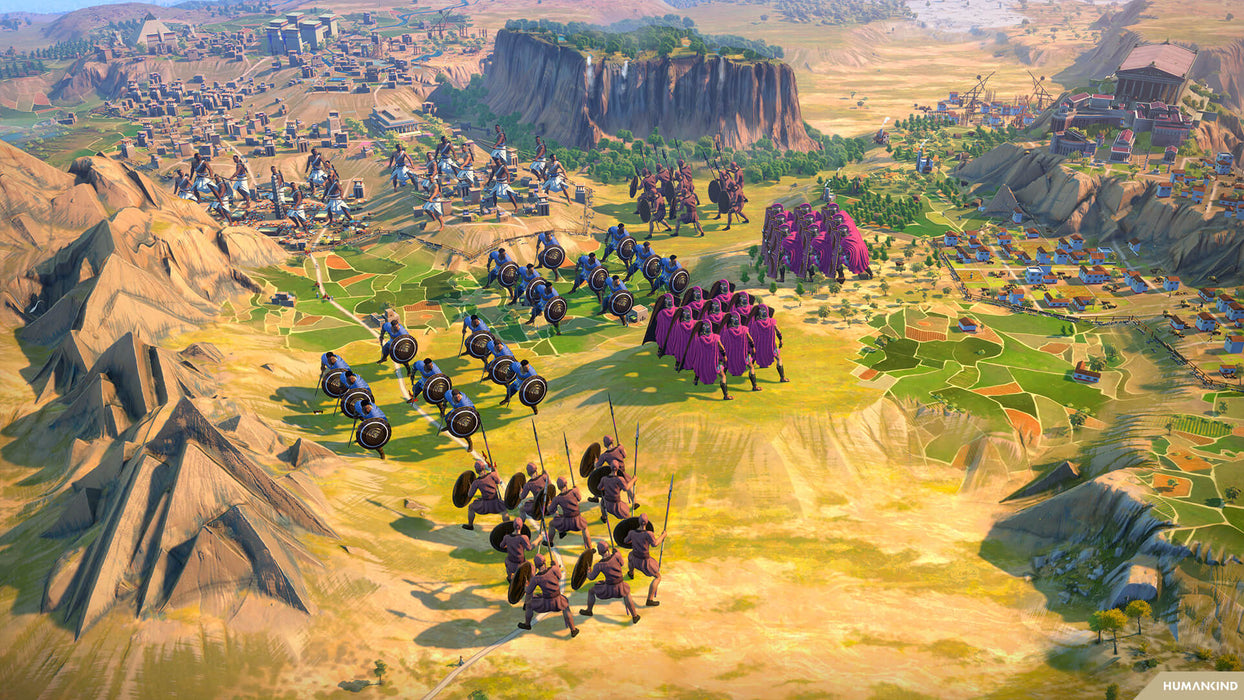 Humankind Steam screenshot - Various warrior formations surrounded by mountains