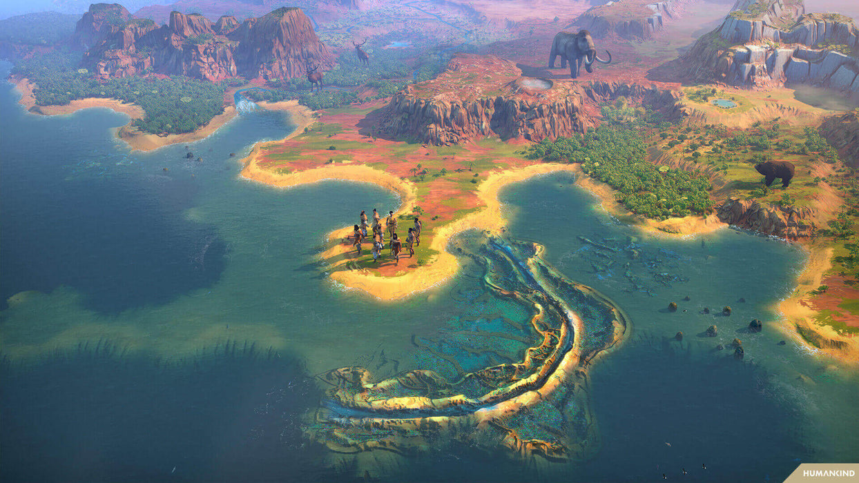 Gameplay screenshot - Early human explorers land on a vibrant, prehistoric island in Humankind for PC Steam. Explore ancient worlds—get your digital game key today at RushGame.co