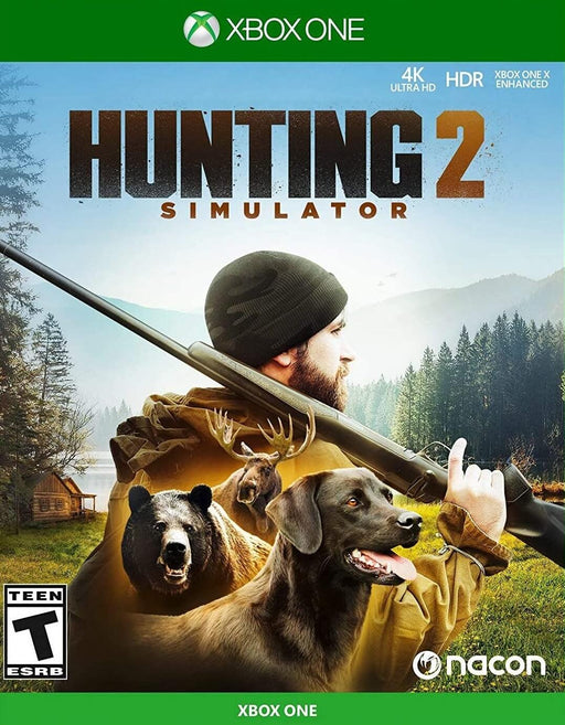Cover art for Hunting Simulator 2 on Xbox One, featuring a hunter with a rifle, a loyal dog, and various wild animals. Buy your Hunting Simulator 2 Xbox One CD key (US) now at RushGame.co and enjoy a realistic hunting experience in 4K HDR