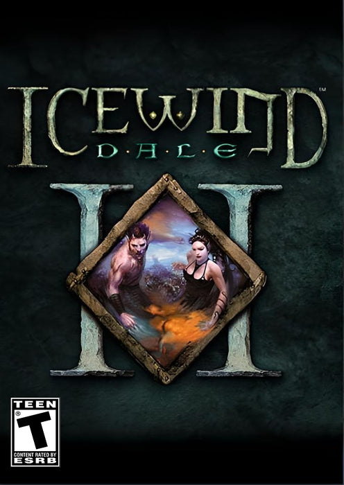 Cover art for Icewind Dale II: Complete on PC GOG, featuring a fierce warrior and sorceress within a mystical diamond-shaped frame. Relive classic D&D adventures—get your GOG CD key for Icewind Dale 2 now at RushGame.co