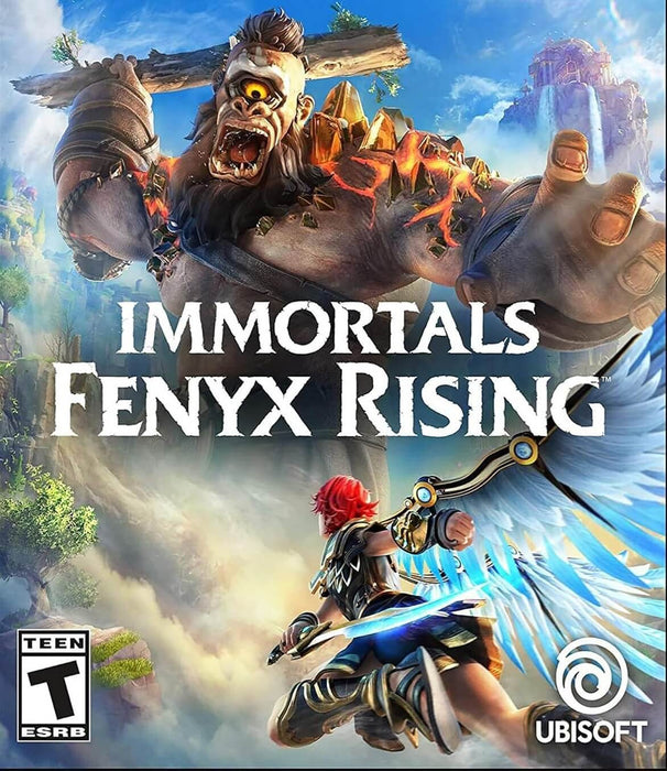 Cover art for Immortals Fenyx Rising on Ubisoft Connect, showing Fenyx flying into battle against a giant flaming cyclops. Embark on an epic mythological quest—buy your PC Ubisoft CD key (US) now at RushGame.co