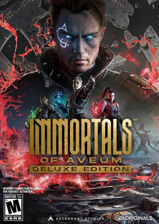 Cover art for Immortals of Aveum Deluxe Edition on PC EA Play, featuring a powerful mage with glowing blue eyes and allies wielding elemental magic. Unlock the full magical FPS experience—buy your EA Play CD key now at RushGame.co