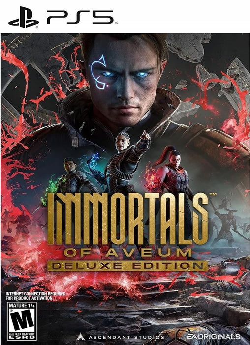 Cover art for Immortals of Aveum Deluxe Edition on PS5, featuring a powerful battlemage with glowing eyes and allies ready for magical warfare. Get your PS5 CD key (NA) now at RushGame.co and dive into a cinematic spellcasting shooter