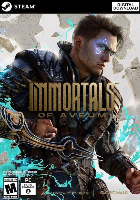 Cover art for Immortals of Aveum on PC Steam, featuring a battle-ready mage with glowing blue runes and an ornate magical gauntlet. Get your Immortals of Aveum Steam CD key now at RushGame.co and unleash arcane power in a cinematic first-person adventure
