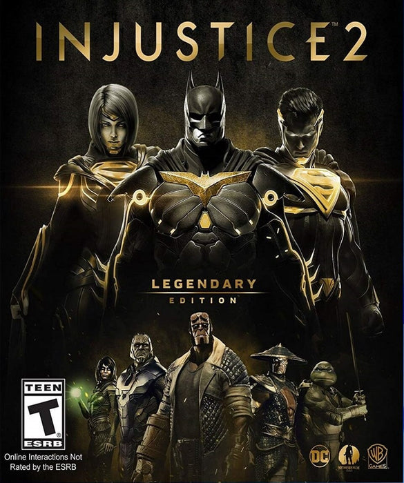Cover art for Injustice 2: Legendary Edition on PC Steam, featuring iconic DC heroes and villains including Batman, Supergirl, and Superman in a golden-black theme. Unlock the full roster and epic battles—buy your Steam CD key now at RushGame.co