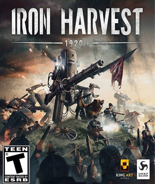 Cover art for Iron Harvest on PC Steam, featuring dieselpunk mechs, armed soldiers, and a war-torn battlefield in an alternate 1920+ reality. Command massive machines and lead your troops—get your Steam CD key for Iron Harvest now at RushGame.co