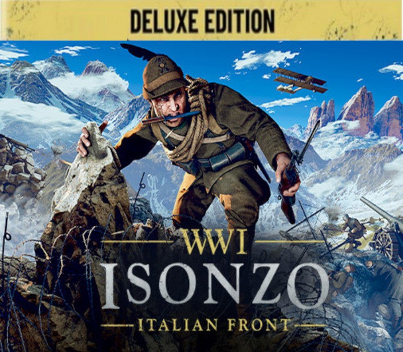Alt: Cover art for Isonzo: Deluxe Edition on PC Steam, depicting an Italian WWI soldier climbing through the snowy Alps with a rifle and rope, with vintage aircraft soaring overhead. Get your Deluxe Edition Steam CD key for Isonzo now at RushGame.co and relive the intense battles of the Italian Front with exclusive content