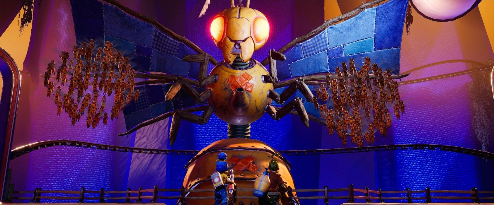 It Takes Two gameplay image of the characters facing a giant mechanical wasp with glowing red eyes and wings made of bees. Get your Xbox CD Key for It Takes Two from RushGame.co and team up for epic adventures
