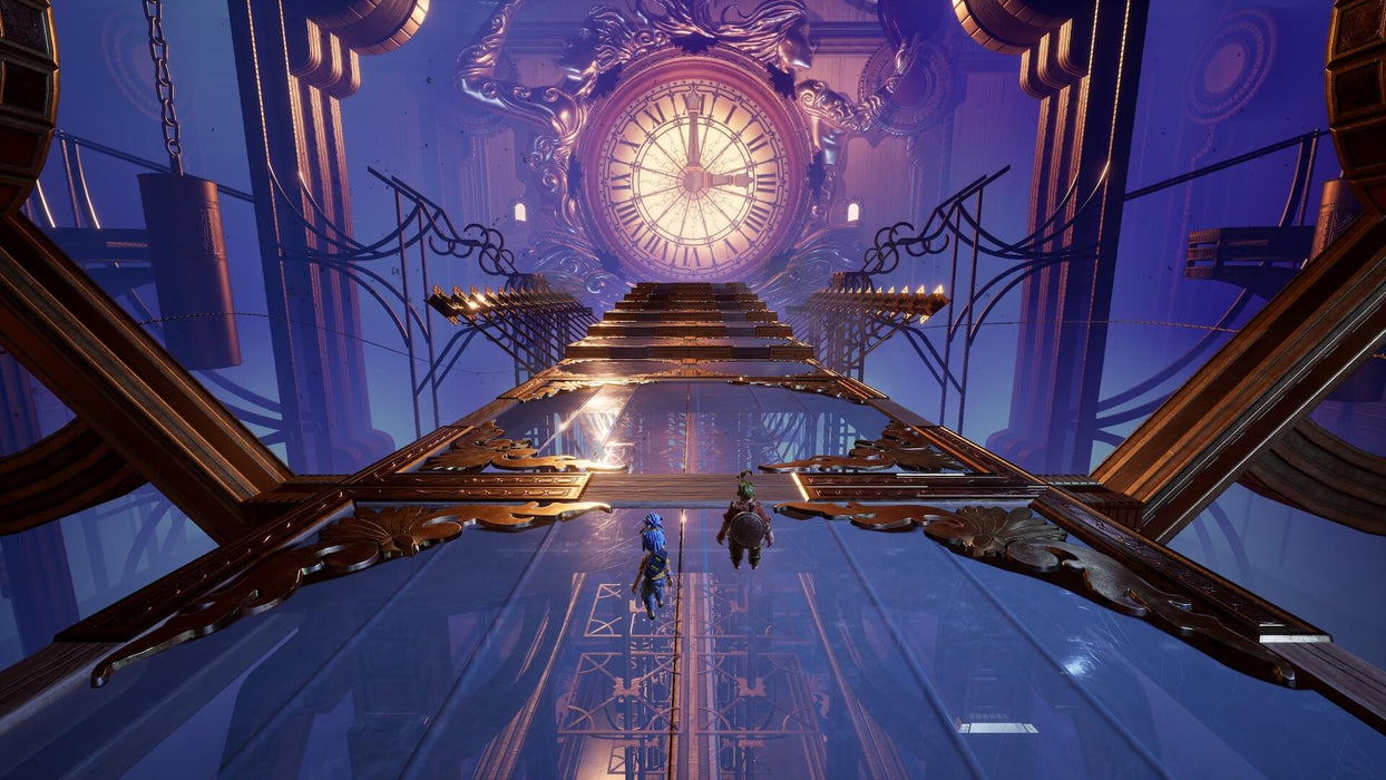 Screenshot from It Takes Two showing the duo running across a suspended golden bridge inside a massive clock tower. Explore mind-bending puzzles by buying It Takes Two Xbox CD Key at RushGame.co