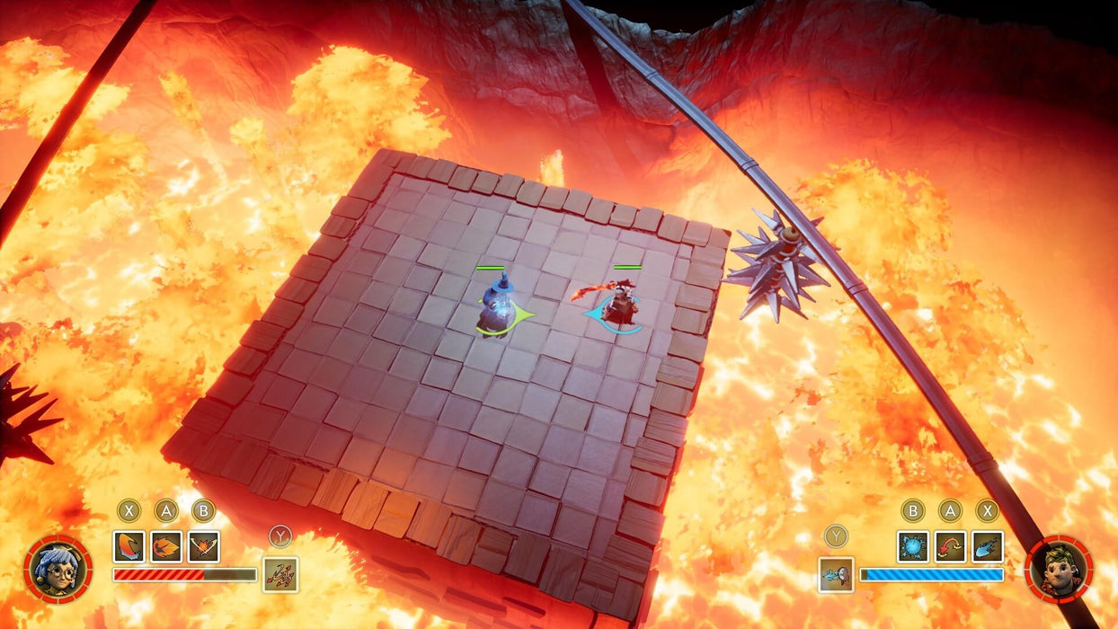 In-game screenshot from It Takes Two showing two characters on a floating platform above lava with health bars and action icons. Purchase It Takes Two Xbox digital CD Key at RushGame.co and experience dynamic co-op battles