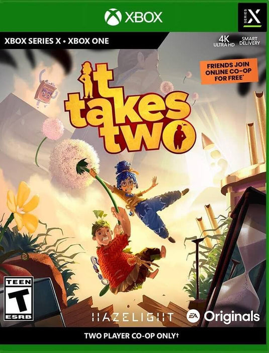 Official cover art for It Takes Two Xbox digital version, showing main characters swinging on a dandelion in a vibrant fantasy world. Buy It Takes Two Xbox One and Series X|S CD Key at RushGame.co for instant delivery