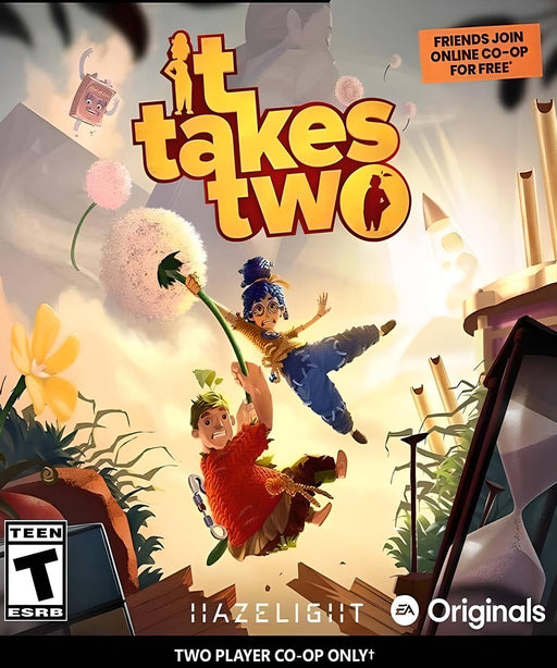 Cover art for It Takes Two PC EA Play version, featuring the two main characters swinging on a dandelion in a vibrant, whimsical environment. The image promotes co-op gameplay with 'Two Player Co-op Only' and 'Friends Join Online Co-op for Free' banners, highlighting the game's unique two-player experience. Purchase the digital game key now at RushGame.co