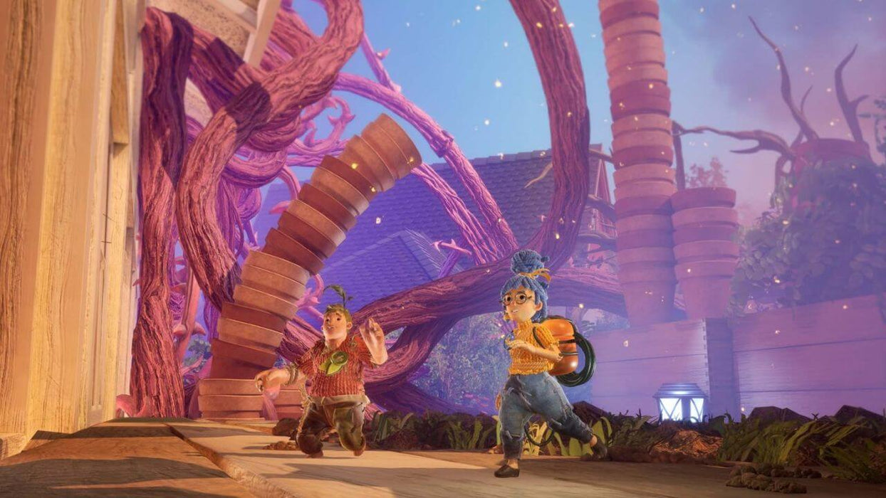 Colorful gameplay scene from It Takes Two on PC Steam, showing the two main characters running through a magical garden filled with twisting vines. Buy your It Takes Two PC Steam CD key at RushGame.co for an unforgettable co-op experience