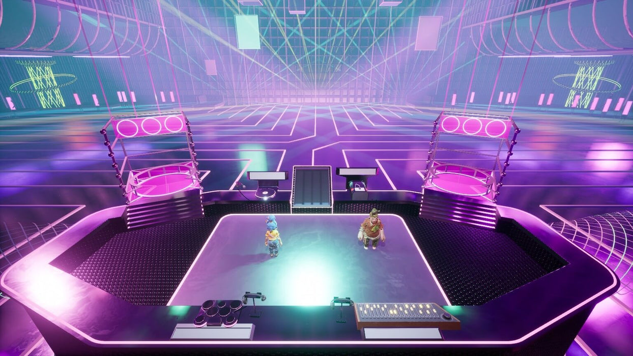 Futuristic stage scene in It Takes Two on PC Steam, where the co-op characters stand on a glowing DJ platform in a vibrant neon-lit environment. Unlock your It Takes Two PC Steam game key instantly at RushGame.co and dive into the fun