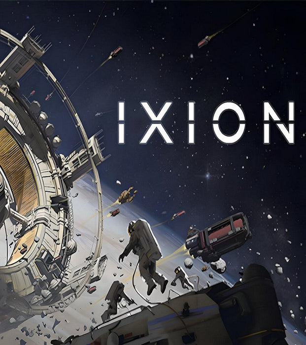 Official cover art for IXION on PC Steam, featuring astronauts floating in space near a massive orbital station with debris and spacecraft all around. Buy your IXION Steam CD key today at RushGame.co and embark on a thrilling space colony management journey