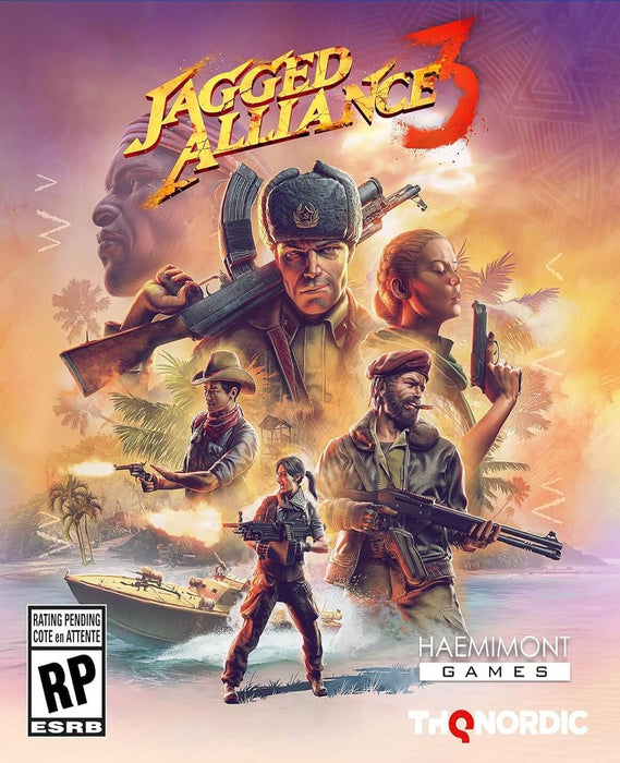 Official cover art for Jagged Alliance 3 on PC Steam, featuring a diverse cast of armed mercenaries ready for tactical combat in a tropical war zone. Purchase your Jagged Alliance 3 Steam CD key now at RushGame.co and lead your squad to victory