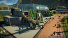 Action scene from Jurassic World Evolution 2 on PC Steam, depicting a large carnivore escaping its enclosure and chasing park guests. Experience thrilling park management moments—purchase your digital copy at RushGame.co