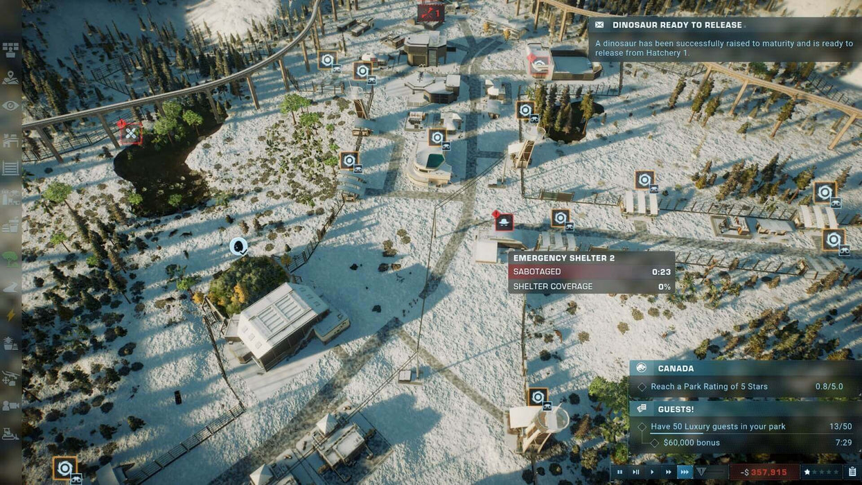 Gameplay interface from Jurassic World Evolution 2 PC showing a snowy park map and emergency shelter sabotage alert. Strategize your park operations in dynamic weather conditions—available now at RushGame.co