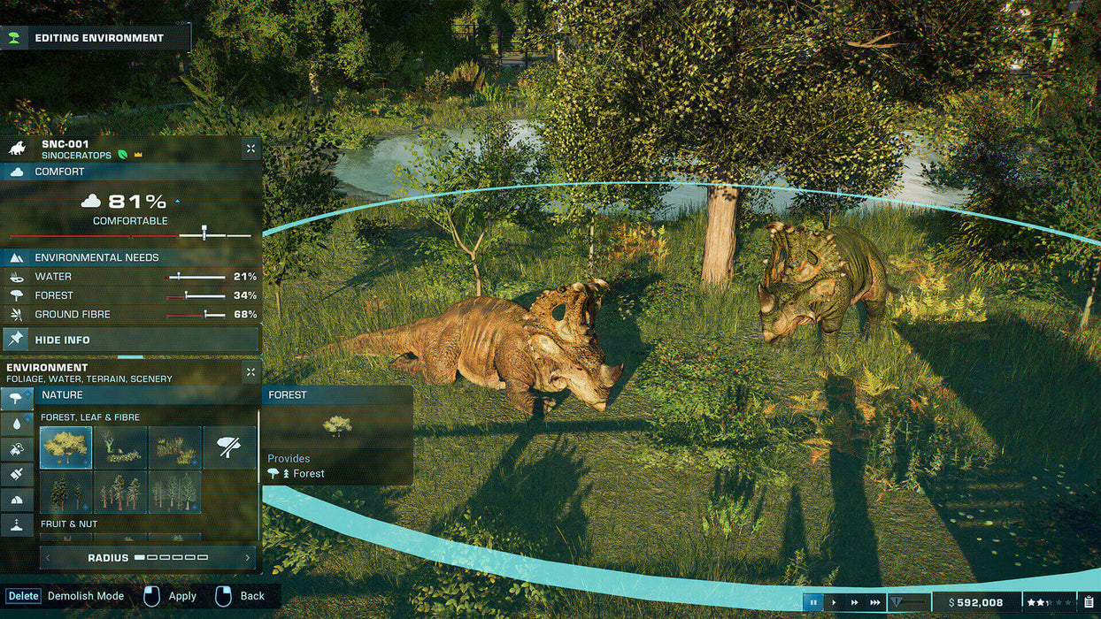 In-game screenshot from Jurassic World Evolution 2 on PC Steam, showing Sinoceratops dinosaurs in a richly detailed forest habitat. Manage your dinosaur needs and create the perfect park—get your key at RushGame.co
