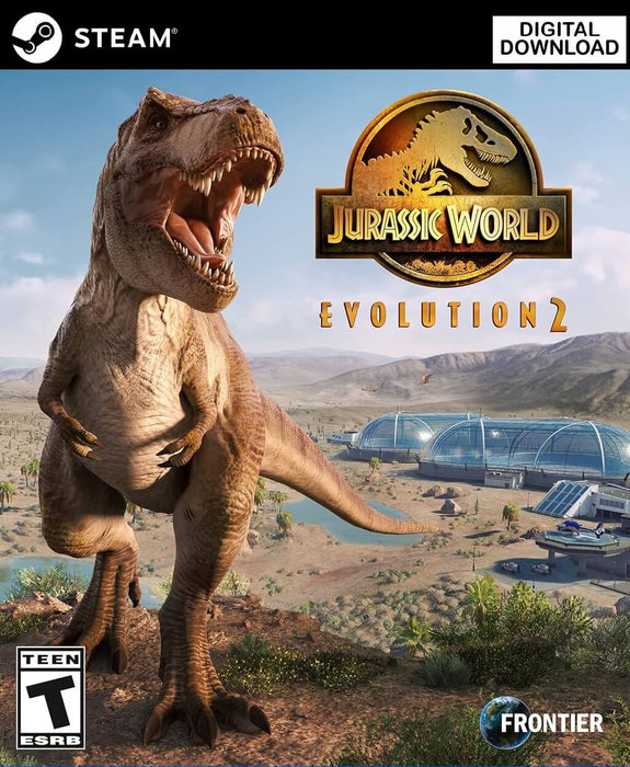 Cover art from Jurassic World Evolution 2 PC Steam version featuring a roaring T-Rex and a futuristic dinosaur park backdrop. Buy your digital CD key now at RushGame.co and start building your prehistoric empire today