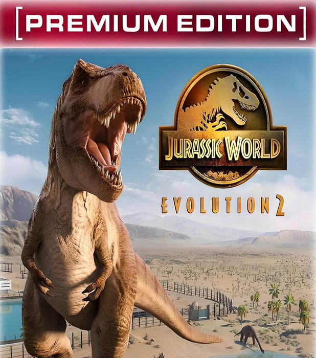 Cover art of Jurassic World Evolution 2: Premium 2021 Edition for PC Steam, featuring a roaring T-Rex and desert-like park environment in the background. Includes extra content and expansions—buy your Premium Edition game key now at RushGame.co for the ultimate dinosaur park experience