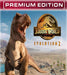 Cover art of Jurassic World Evolution 2: Premium 2021 Edition for PC Steam, featuring a roaring T-Rex and desert-like park environment in the background. Includes extra content and expansions—buy your Premium Edition game key now at RushGame.co for the ultimate dinosaur park experience