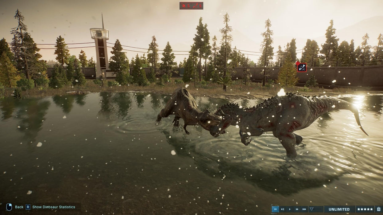 Gameplay screenshot - Two large carnivorous dinosaurs locked in battle during a snowy scene in Jurassic World Evolution 2 on Xbox. Experience the thrill of prehistoric chaos—get your Xbox One/Series X|S CD key (EU) now at RushGame.co