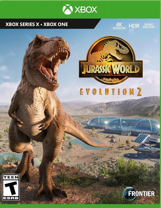 Official cover art for Jurassic World Evolution 2 on Xbox One and Series X|S, featuring a roaring T-Rex in front of a futuristic dinosaur park. Buy your Jurassic World Evolution 2 Xbox CD key (EU) now at RushGame.co and build your ultimate dinosaur sanctuary