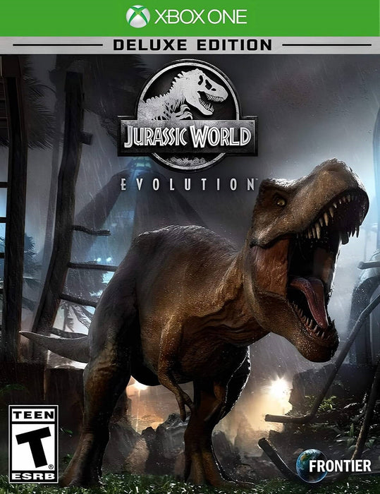 Cover image of Jurassic World Evolution Deluxe Edition for Xbox One, featuring a fierce T-Rex roaring inside a high-security enclosure. Explore enhanced gameplay with extra content—buy your Xbox One CD key now at RushGame.co and build your ultimate dinosaur park today