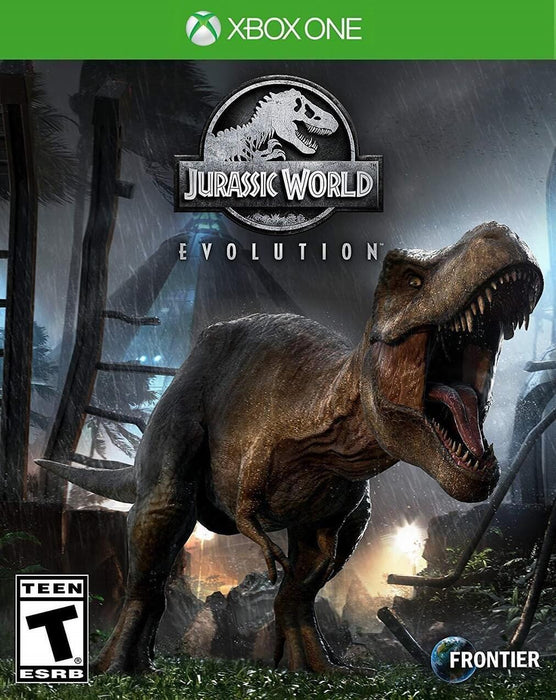Box art for Jurassic World Evolution on Xbox One, showcasing a roaring T-Rex in a stormy dinosaur enclosure. Buy your Xbox One CD key now at RushGame.co and unleash your creativity in building and managing the ultimate dinosaur park