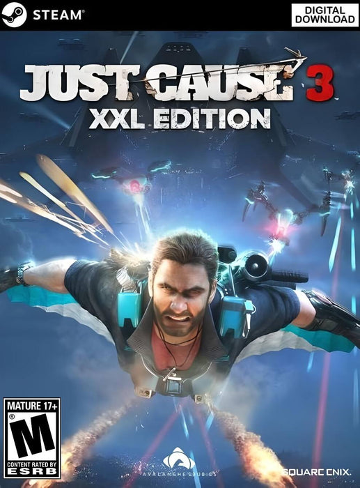 Cover art for Just Cause 3 XXL Edition on Steam, featuring Rico Rodriguez flying with a wingsuit and armed with explosives in a high-octane action scene. Get your Steam CD Key now at RushGame.co and dive into the explosive chaos of open-world freedom and destruction