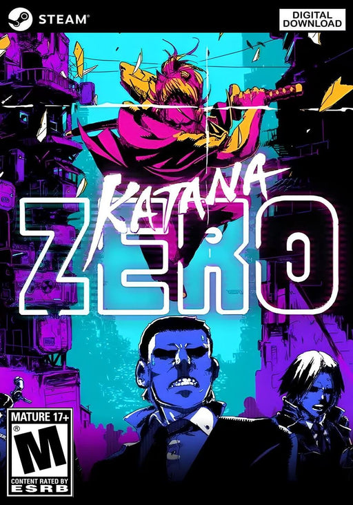 Stylized cover art for Katana ZERO on PC Steam, featuring a neon-drenched assassin wielding a katana in mid-action against a backdrop of a futuristic cityscape. Get your Katana ZERO Steam CD Key now at RushGame.co and slice through time in this intense neo-noir action platformer