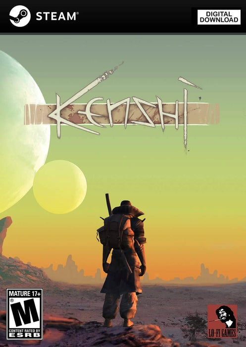 Cover image of Kenshi for PC Steam, showcasing a lone warrior standing in a vast post-apocalyptic desert under twin moons. Buy your Kenshi Steam CD Key now at RushGame.co and forge your own path in this open-ended sandbox RPG filled with survival, strategy, and freedom