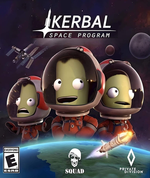 Cover image of Kerbal Space Program for PC Steam, showing three Kerbonauts in space suits overlooking Earth with a rocket launching into orbit. Purchase your digital Steam CD key at RushGame.co and take control of your own space program today