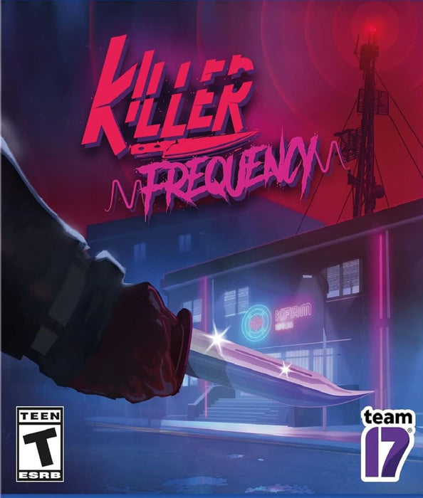 Cover image of Killer Frequency for PC Steam, featuring a neon-lit radio station and a blood-stained knife held in the foreground, setting the tone for this suspenseful thriller. Buy your Killer Frequency Steam CD key now at RushGame.co and tune into the terror