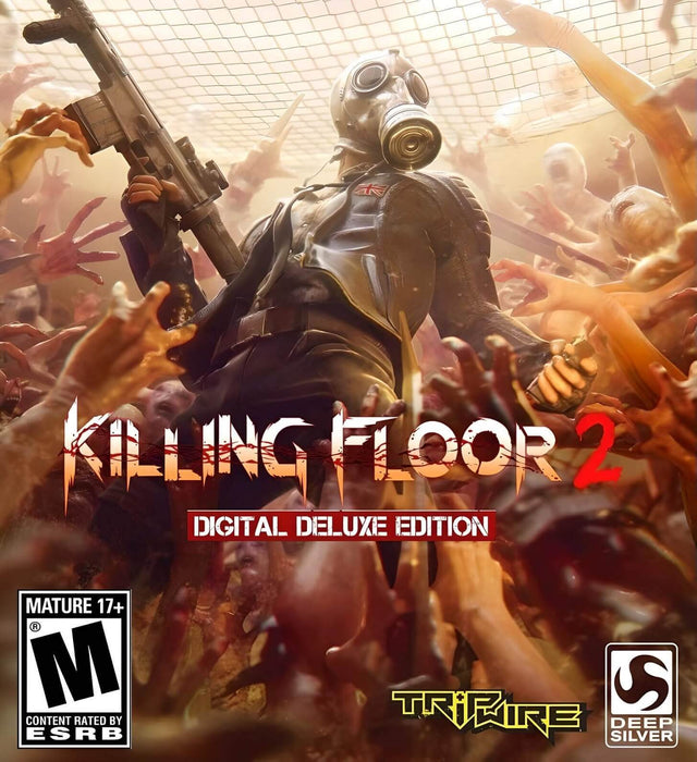 Cover art for Killing Floor 2 Digital Deluxe Edition on PC Steam, featuring a heavily armed soldier in a gas mask fighting off hordes of grotesque creatures in a chaotic, blood-soaked scene. Buy your Killing Floor 2 Steam CD key today at RushGame.co and dive into intense co-op FPS action