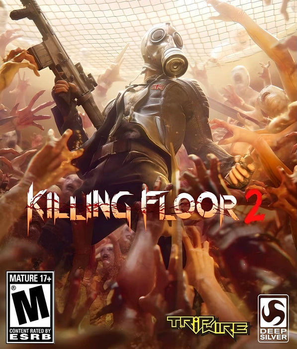 Official cover art for Killing Floor 2 on PC via Epic Games, showcasing a gas-masked soldier surrounded by a swarm of mutated horrors in a frantic battle scene. Purchase your Killing Floor 2 Epic Games CD key now at RushGame.co and join the fight against the undead menace