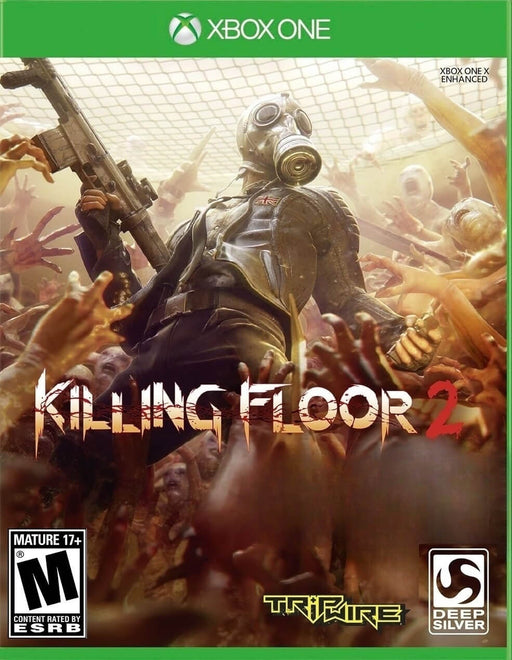 Cover art of Killing Floor 2 for Xbox One, featuring a heavily armed soldier in a gas mask fending off a terrifying horde of zombies. Get your Killing Floor 2 Xbox One CD Key (US) now at RushGame.co and dive into the intense co-op survival action