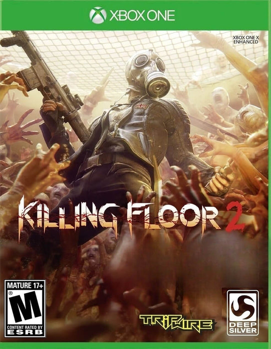 Cover art of Killing Floor 2 for Xbox One, featuring a heavily armed soldier in a gas mask fending off a terrifying horde of zombies. Get your Killing Floor 2 Xbox One CD Key (US) now at RushGame.co and dive into the intense co-op survival action