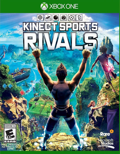 Cover art of Kinect Sports Rivals for Xbox One, showcasing athletic avatars performing various sports like soccer, rock climbing, and jet skiing in a tropical island setting. Purchase your Kinect Sports Rivals Xbox One Key now at RushGame.co and experience motion-controlled multiplayer fun