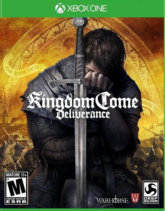 Official cover art for Kingdom Come: Deliverance on Xbox One and Xbox Series X/S, featuring a medieval knight solemnly leaning on his sword, symbolizing the game’s emotional depth and historical realism. Buy your Xbox digital key at RushGame.co and dive into a gripping RPG adventure set in 15th-century Bohemia