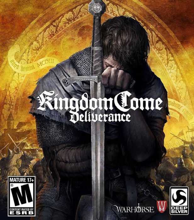 Cover art of Kingdom Come: Deliverance for PC Steam, showing a knight in chainmail solemnly resting on his sword against a golden medieval backdrop. Purchase your Kingdom Come: Deliverance Steam CD Key today at RushGame.co and explore an immersive, story-rich medieval RPG built on historical accuracy