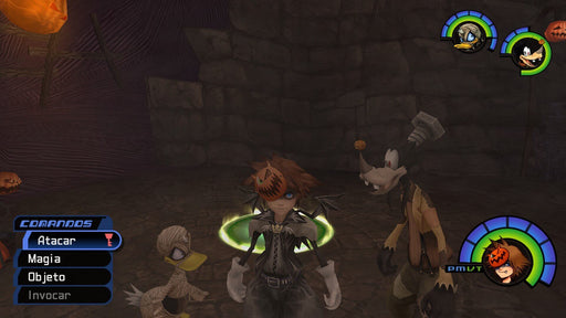 Screenshot from Kingdom Hearts HD 1.5 + 2.5 ReMIX featuring Sora, Donald, and Goofy in Halloween Town, dressed in spooky costumes with themed health bars. Buy your Xbox digital key at RushGame.co for fast code delivery