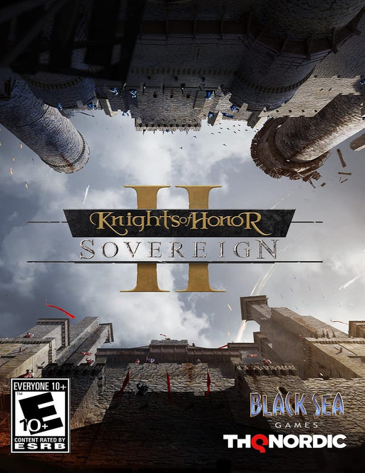 Official cover art of Knights of Honor II: Sovereign for PC Steam, featuring an epic medieval fortress under siege with dramatic architecture and flying debris. Get your digital game key instantly at RushGame.co and command your kingdom to glory