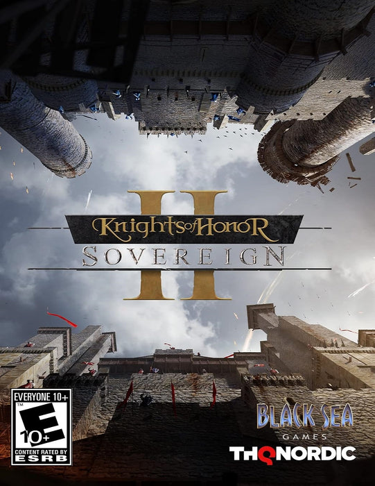 Official cover art of Knights of Honor II: Sovereign for PC Steam, featuring an epic medieval fortress under siege with dramatic architecture and flying debris. Get your digital game key instantly at RushGame.co and command your kingdom to glory