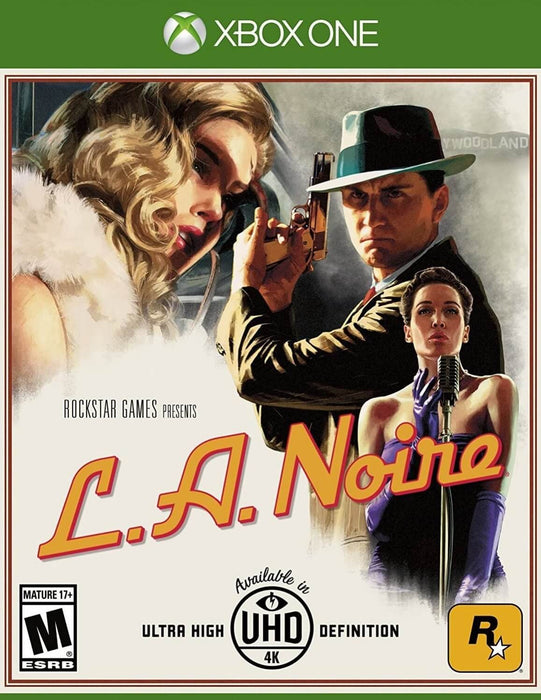 Cover art of L.A. Noire for Xbox One featuring detective Cole Phelps and a noir-styled cast in dramatic 1940s Hollywood atmosphere. Buy your Xbox digital game key today at RushGame.co and dive into Rockstar's gripping crime thriller in 4K UHD
