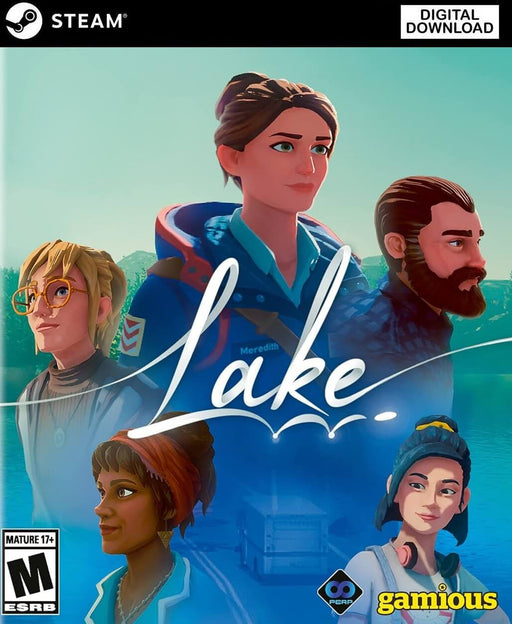 Cover art for Lake PC Steam game, featuring protagonist Meredith and the cast of characters in a scenic lakeside setting. Buy your digital Steam key for Lake now at RushGame.co and unwind with this relaxing narrative adventure