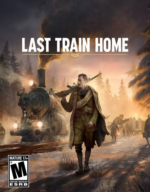 Cover art for Last Train Home on PC Steam, showcasing a soldier walking beside a war-era steam locomotive at sunset. Purchase your Steam key for Last Train Home at RushGame.co and experience this gripping strategy adventure rooted in historical events