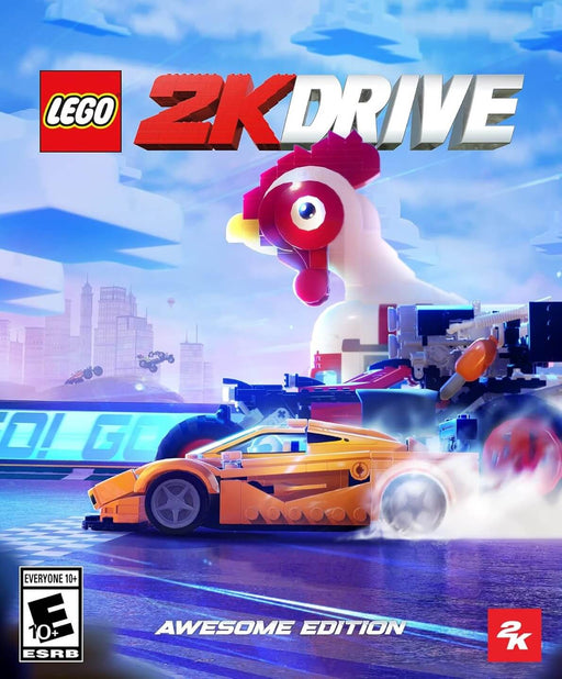 Cover art of LEGO 2K Drive: Awesome Edition for PC Epic Games, featuring a bright orange LEGO sports car racing past a giant LEGO chicken – get the official Epic Games CD key now at RushGame.co